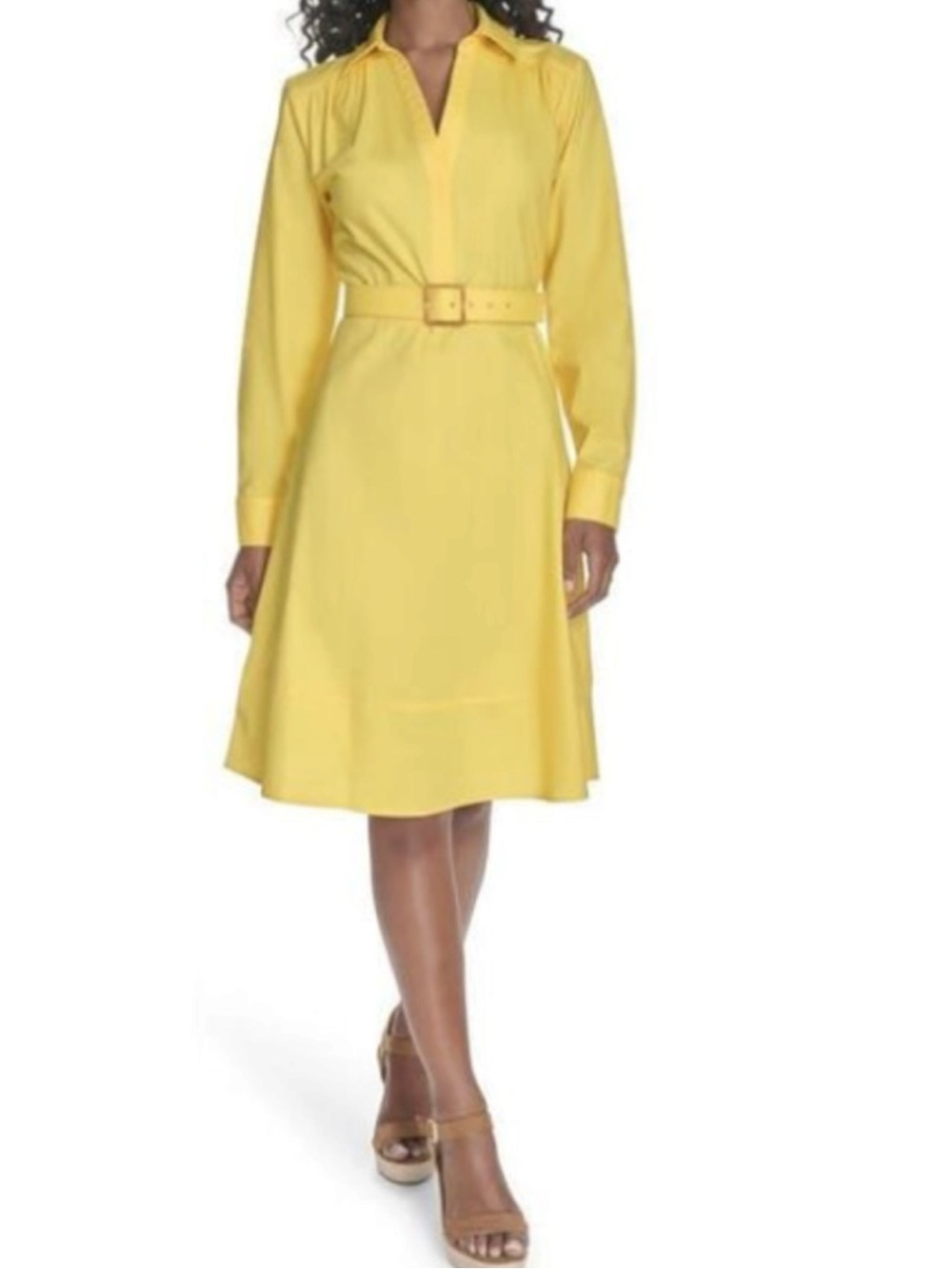 Calvin Klein Shirt Dress A-Line Long Sleeve Collared V-Neck Yellow Womens Size 4